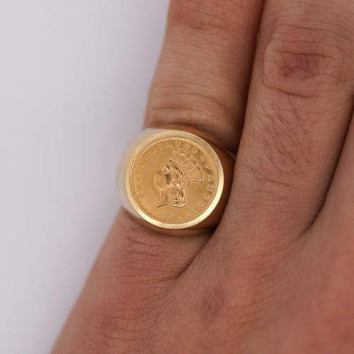 1856 Lady Liberty 1 Dollar Coin in 10K Gold Bezel Unisex Signet Ring