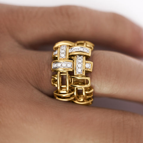 18K Gold Garavelli Signed Men's Italian Diamond Cage Link Ring