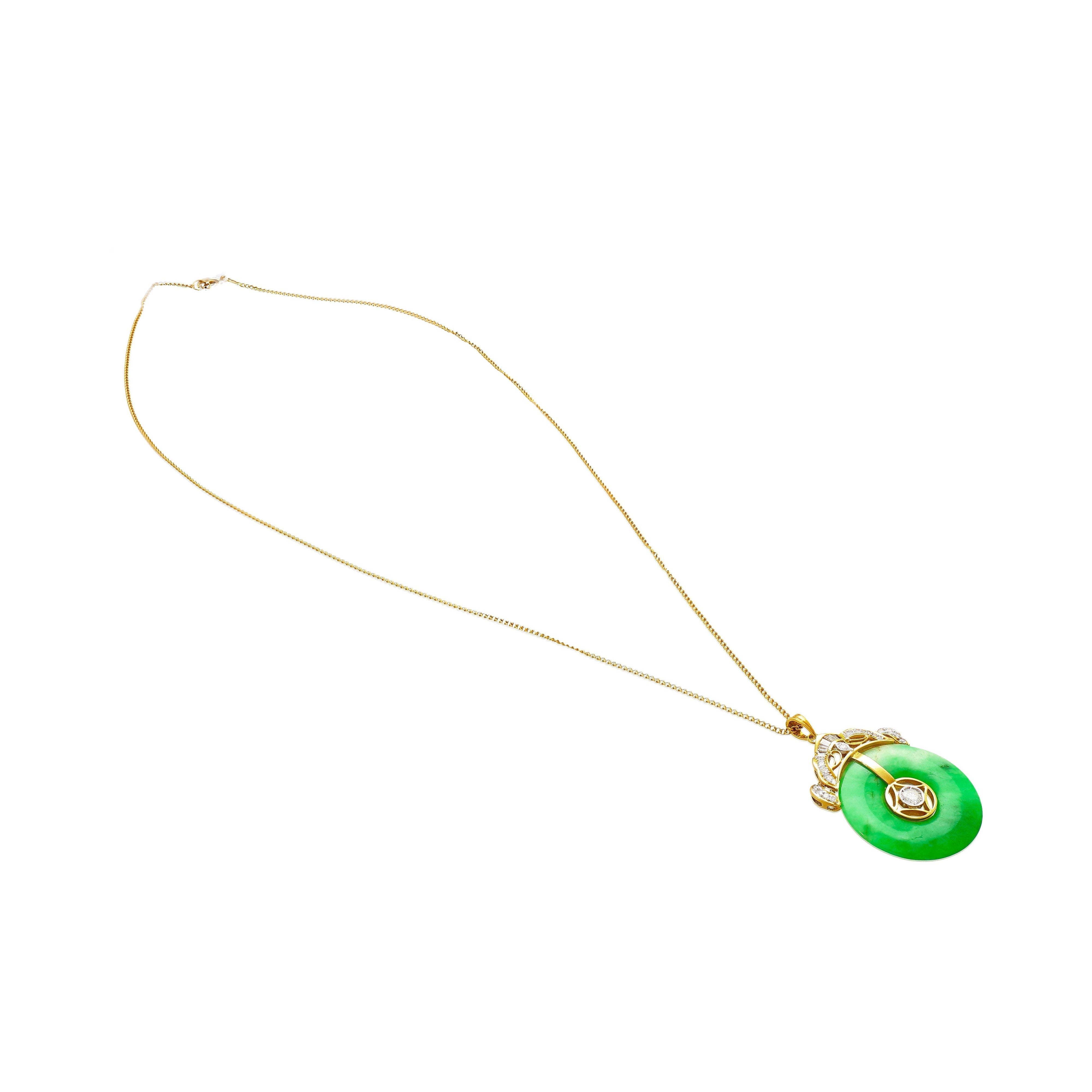 18K Gold Jadeite Jade Disc Pendant Necklace with Circular Jade and Baguette With Round Cut Diamonds-Necklace-ASSAY