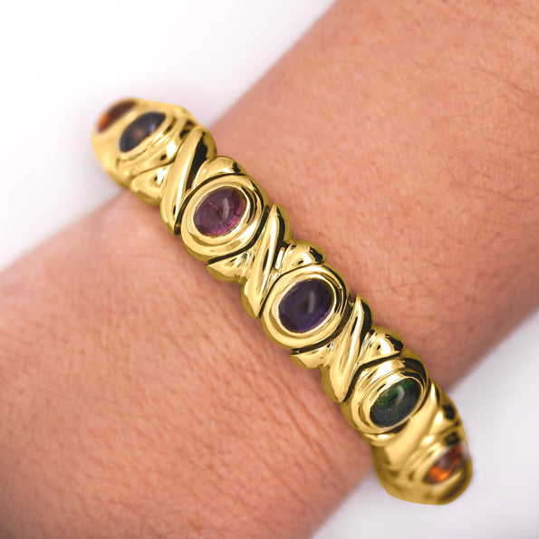 18K Gold Multi Color Gemstone Vintage Estate X Bezel Bracelet