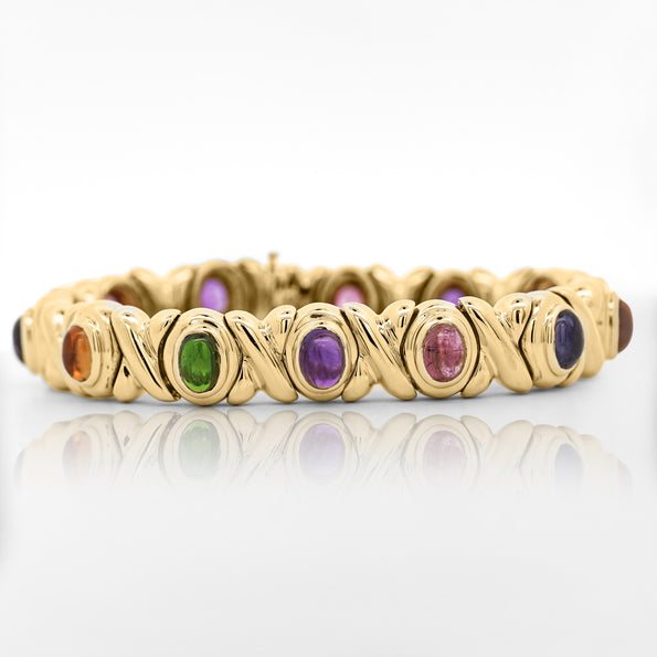 18K Gold Multi Color Gemstone Vintage Estate X Bezel Bracelet