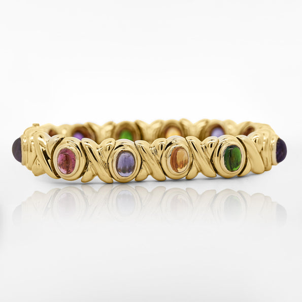 18K Gold Multi Color Gemstone Vintage Estate X Bezel Bracelet