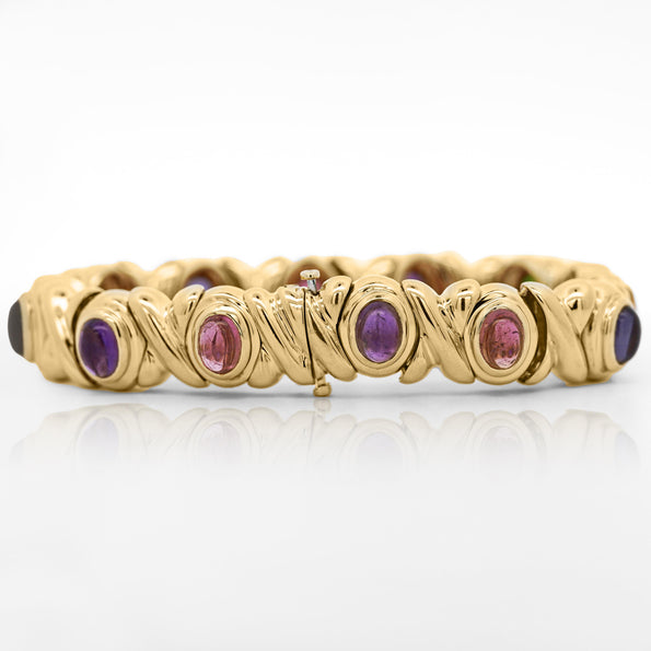 18K Gold Multi Color Gemstone Vintage Estate X Bezel Bracelet