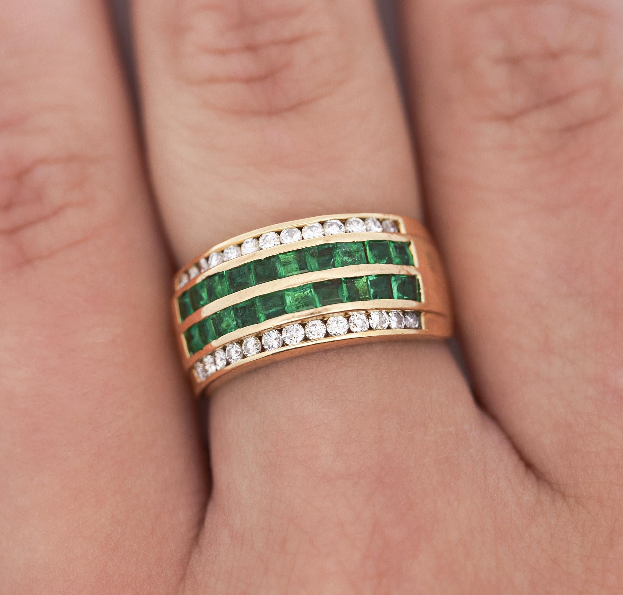18K Gold Square Emerald and Round Diamond Channel Set Band Ring