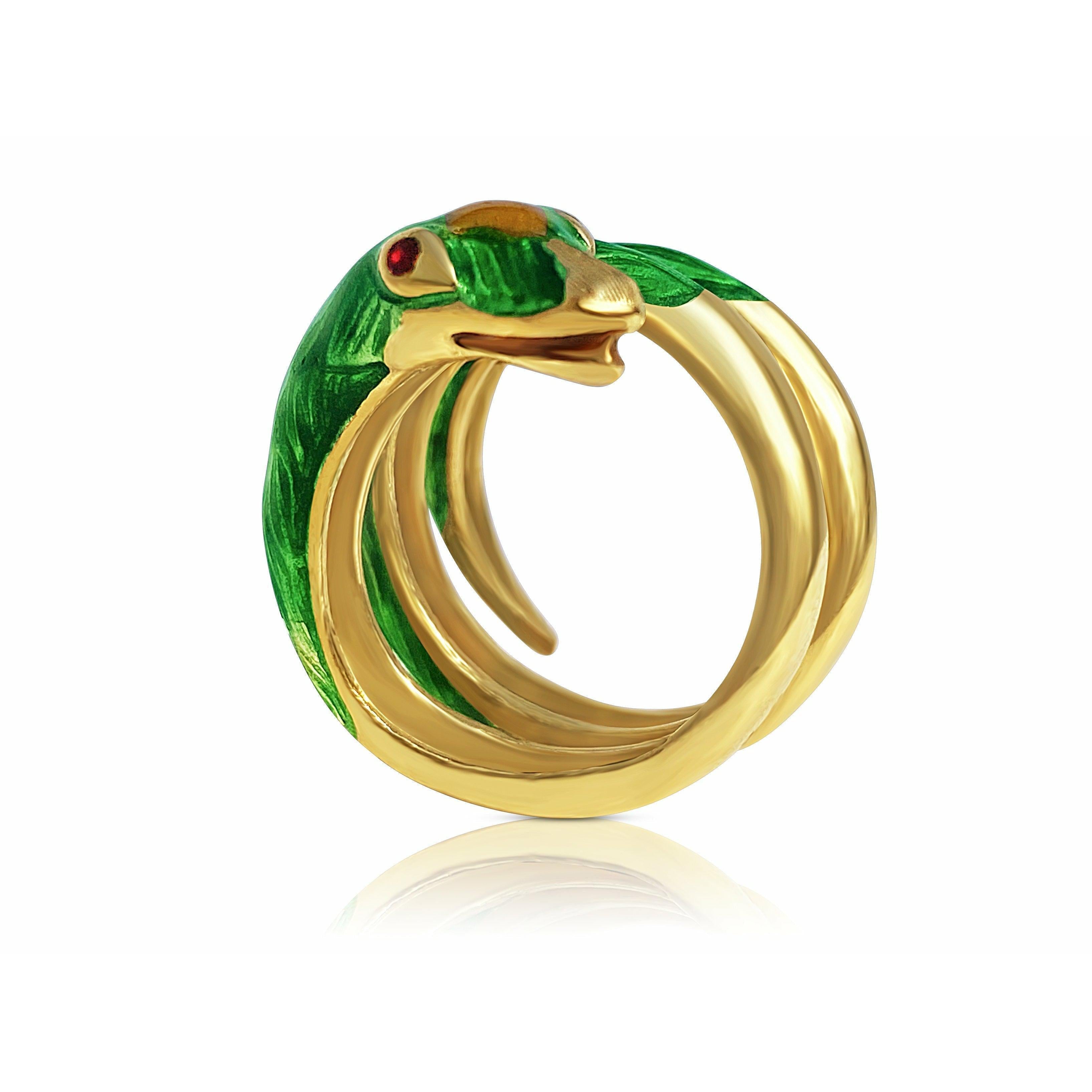 18K Gold and Green Enamel Snake Ring - ASSAY