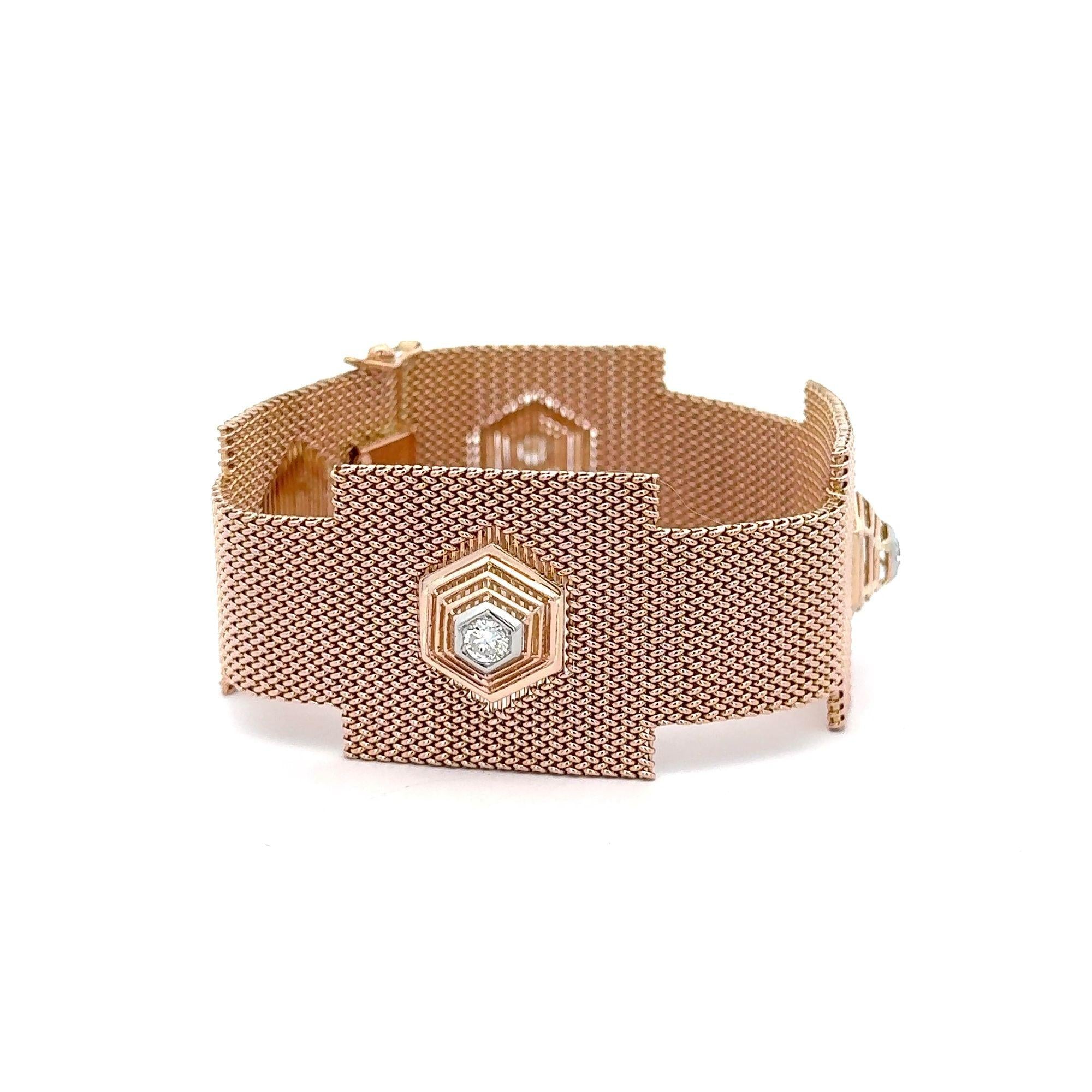 18K Rose Gold Hexagonal Shape Mesh Finish Ring, Bracelet, Pendant Set