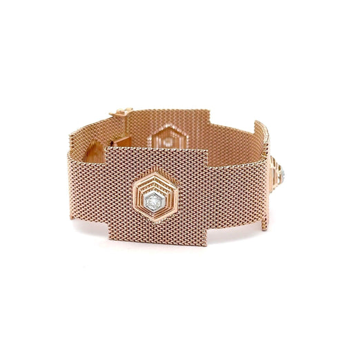 18K Rose Gold Hexagonal Shape Mesh Finish Ring, Bracelet, Pendant Set