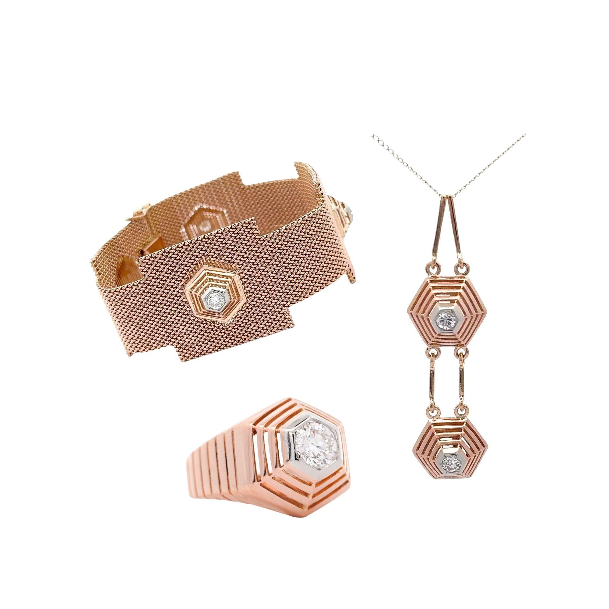 18K Rose Gold Hexagonal Shape Mesh Finish Ring, Bracelet, Pendant Set