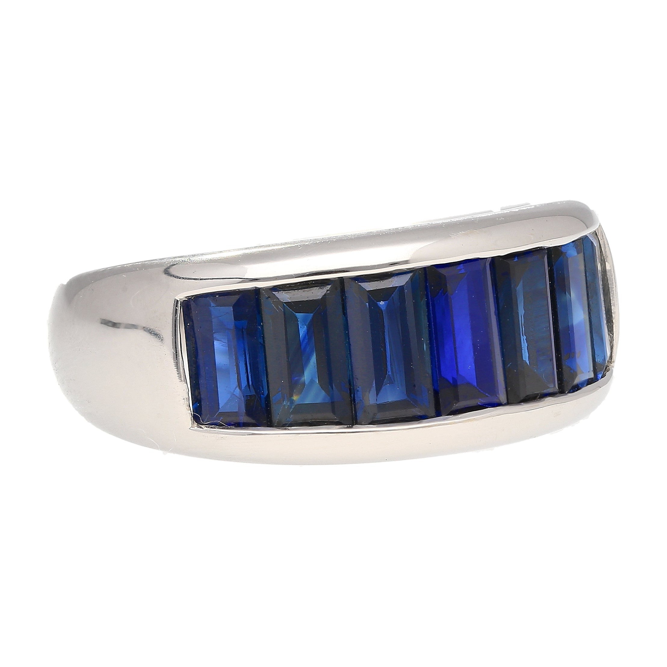 18K Solid White Gold Channel Set Baguette Cut Blue Sapphire Band Ring-Band-ASSAY