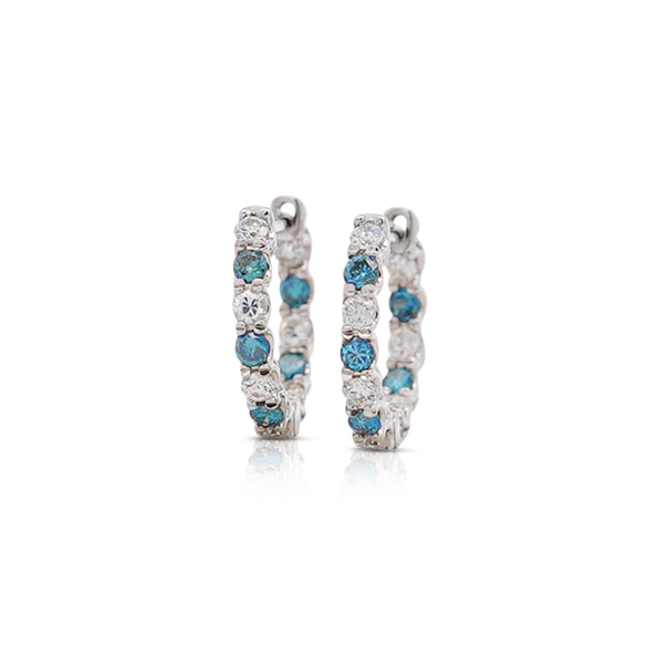 18K White Gold 0.50 CT Blue & White Diamond Inside Out Huggie Hoop Earrings