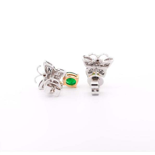 18K White Gold 2 Carat Cabochon Emerald and Diamond Butterfly Drops Earrings