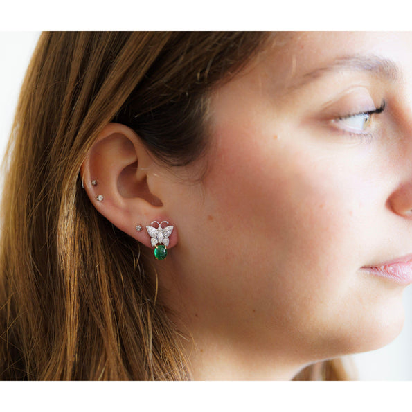 18K White Gold 2 Carat Cabochon Emerald and Diamond Butterfly Drops Earrings