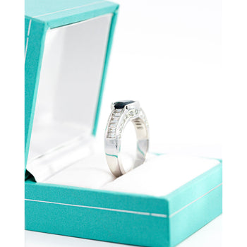 18K White Gold Bezel and Channel Set Oval Cut Blue Sapphire & Baguette Diamond Ring – Assay Jewelers
