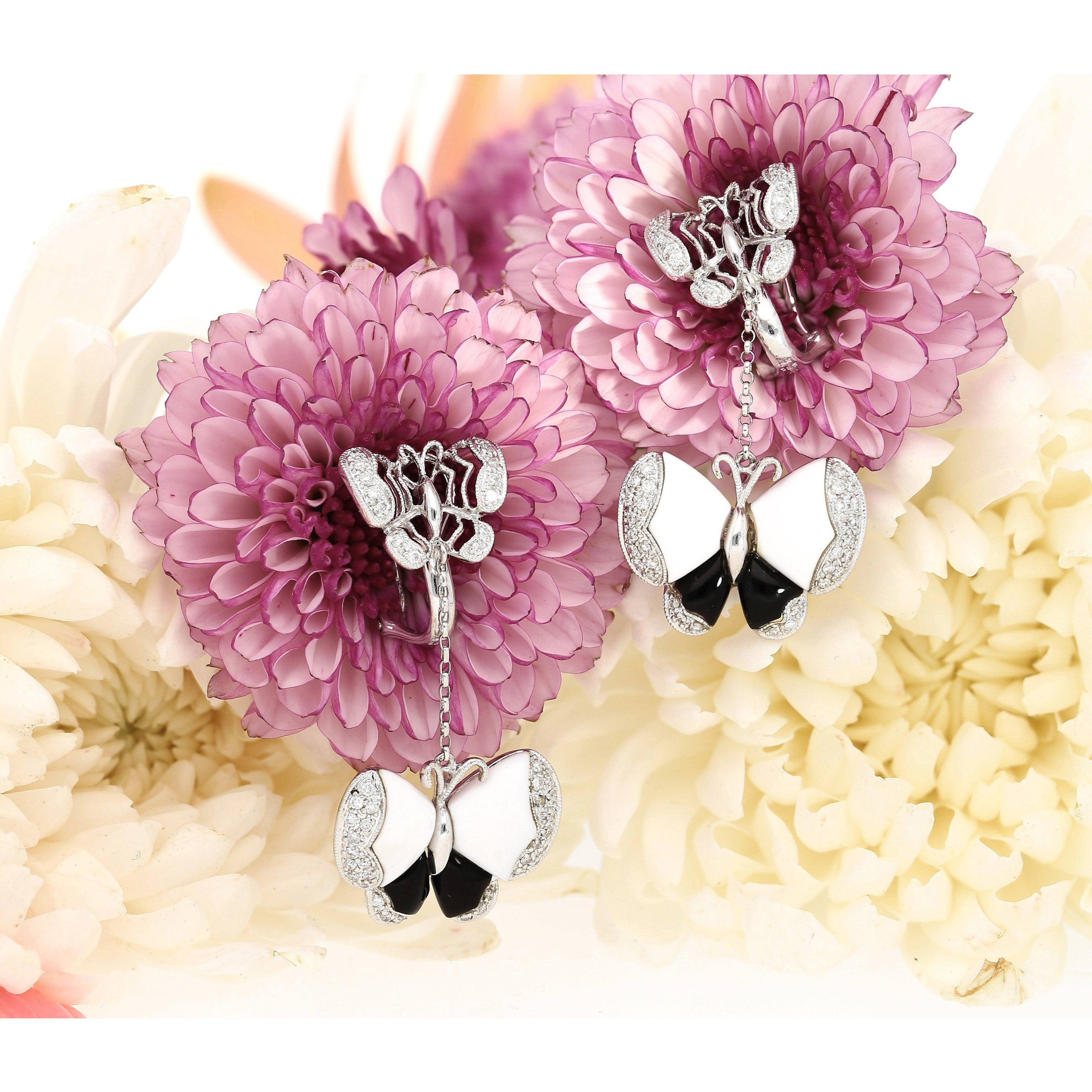 18K White Gold Butterfly Drop Earrings with Black Onyx, White Agate, and Diamonds-Earrings-ASSAY