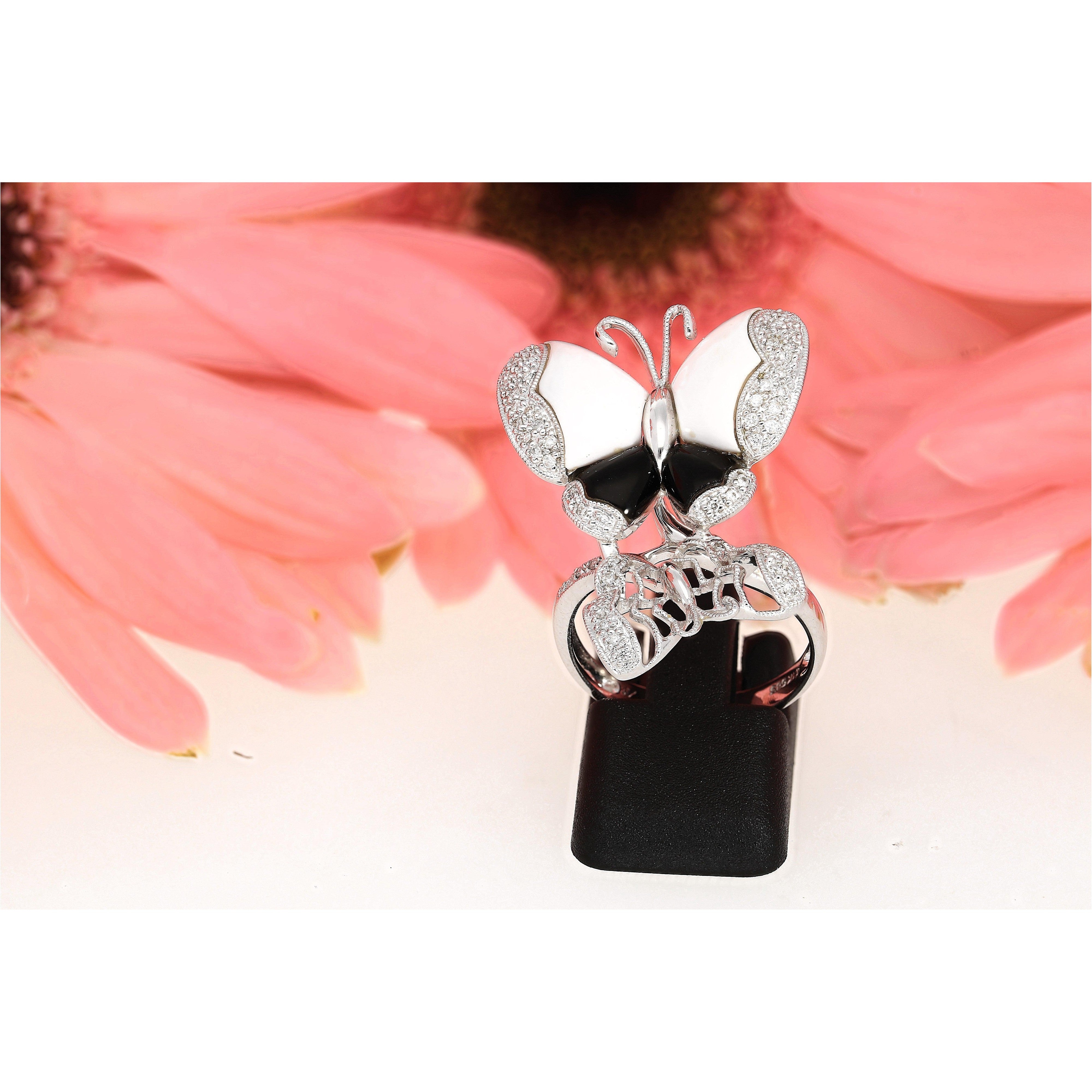 18K White Gold Butterfly Ring with Black Onyx, White Agate, and Round Cut Diamonds