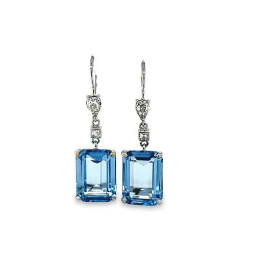 18K White Gold Emerald Cut Spinel & Diamond Drop Earrings