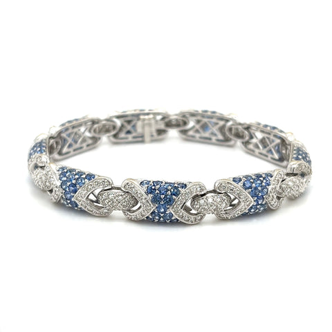 18K White Gold Natural Diamond and Natural Blue Sapphire Pave Set Bracelet