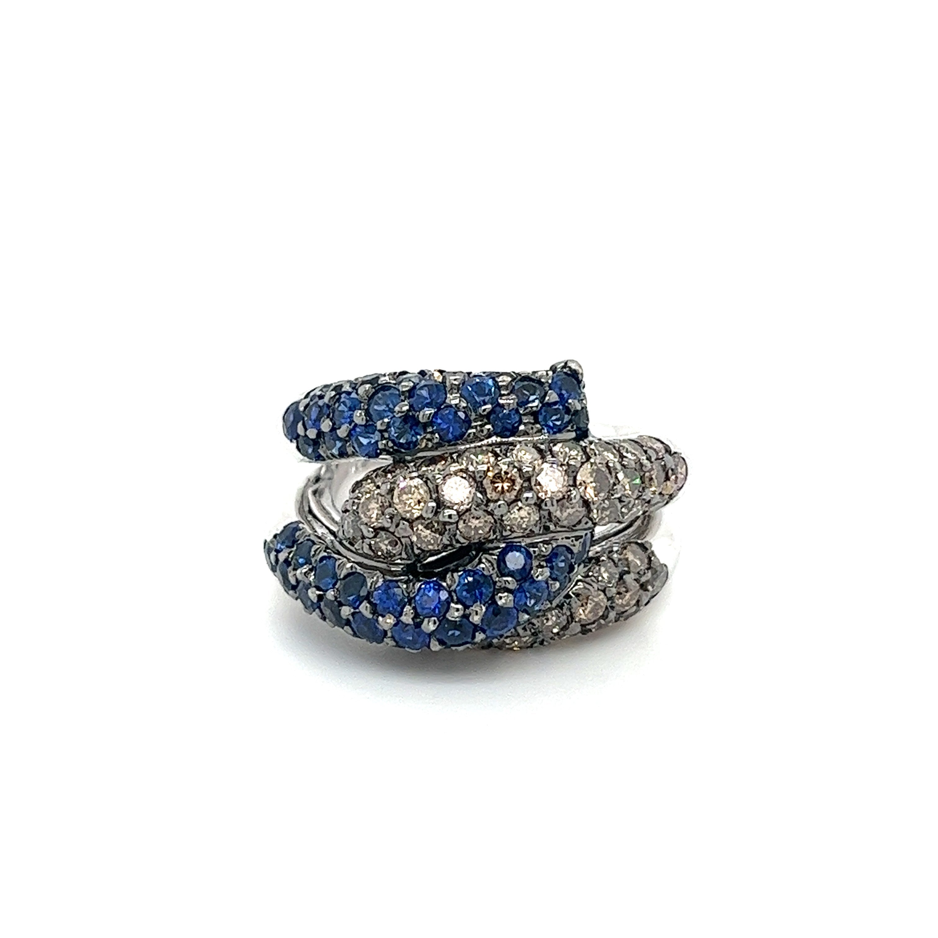 18K White Gold Natural Round Blue Sapphire and Brown Diamond 4 Row Pave Cluster Ring-Rings-ASSAY