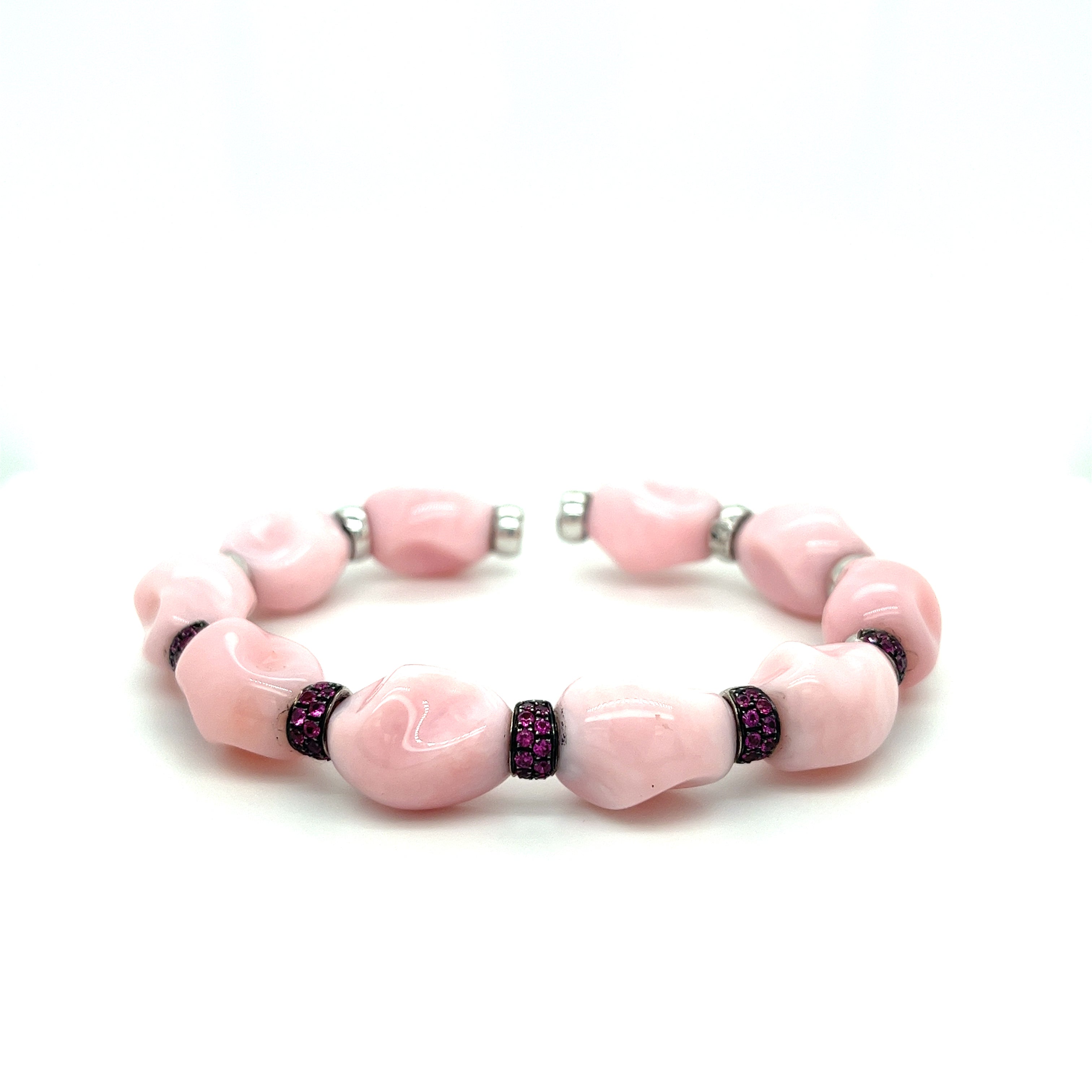 18K White Gold Raw Unformed Pink Agate and Round Cut Ruby Cuff Bangle Bracelet-Bracelet-ASSAY