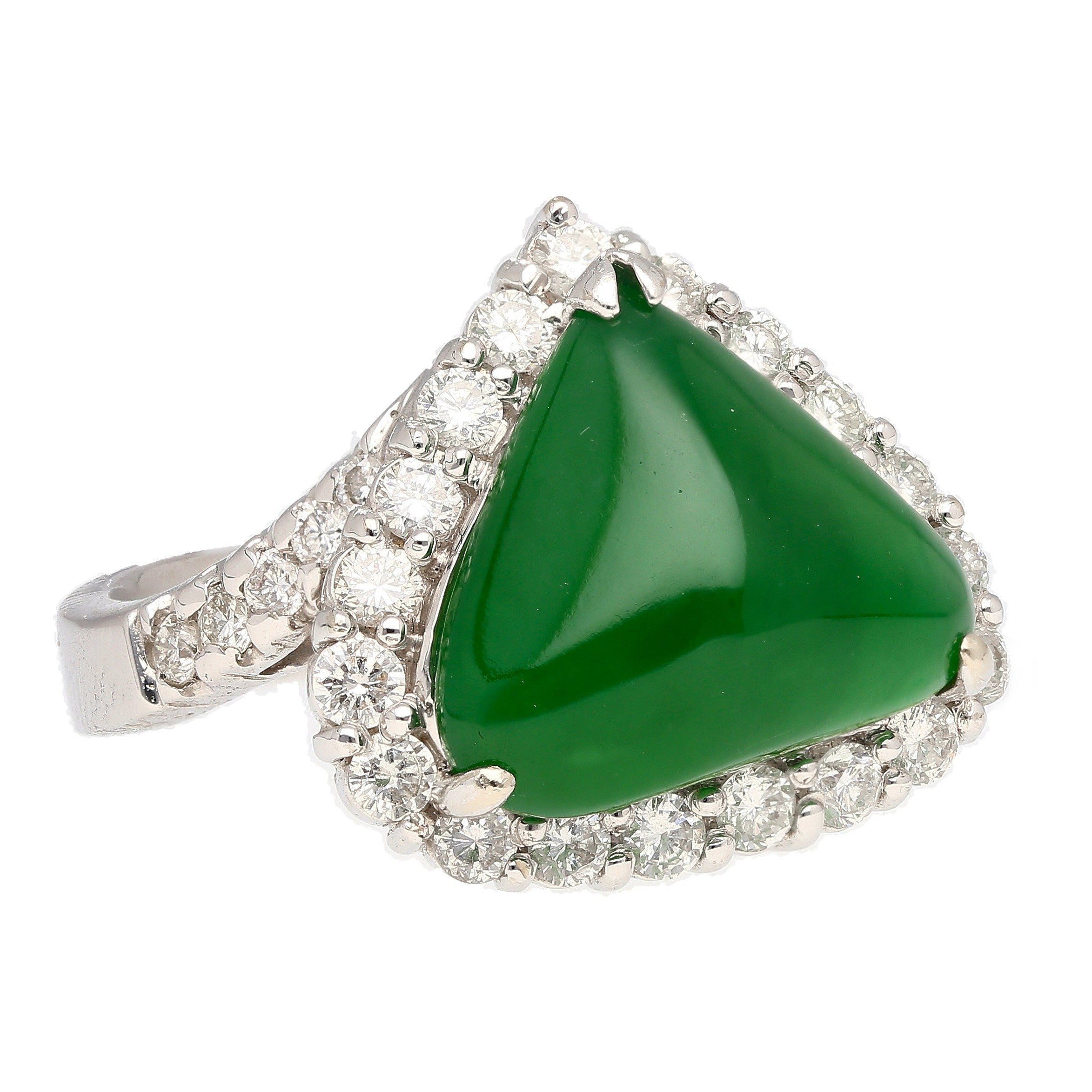 18K White Gold Type A Jadeite Jade Cabochon Cut Triangle Shape and Diamond Halo Ring-Rings-ASSAY