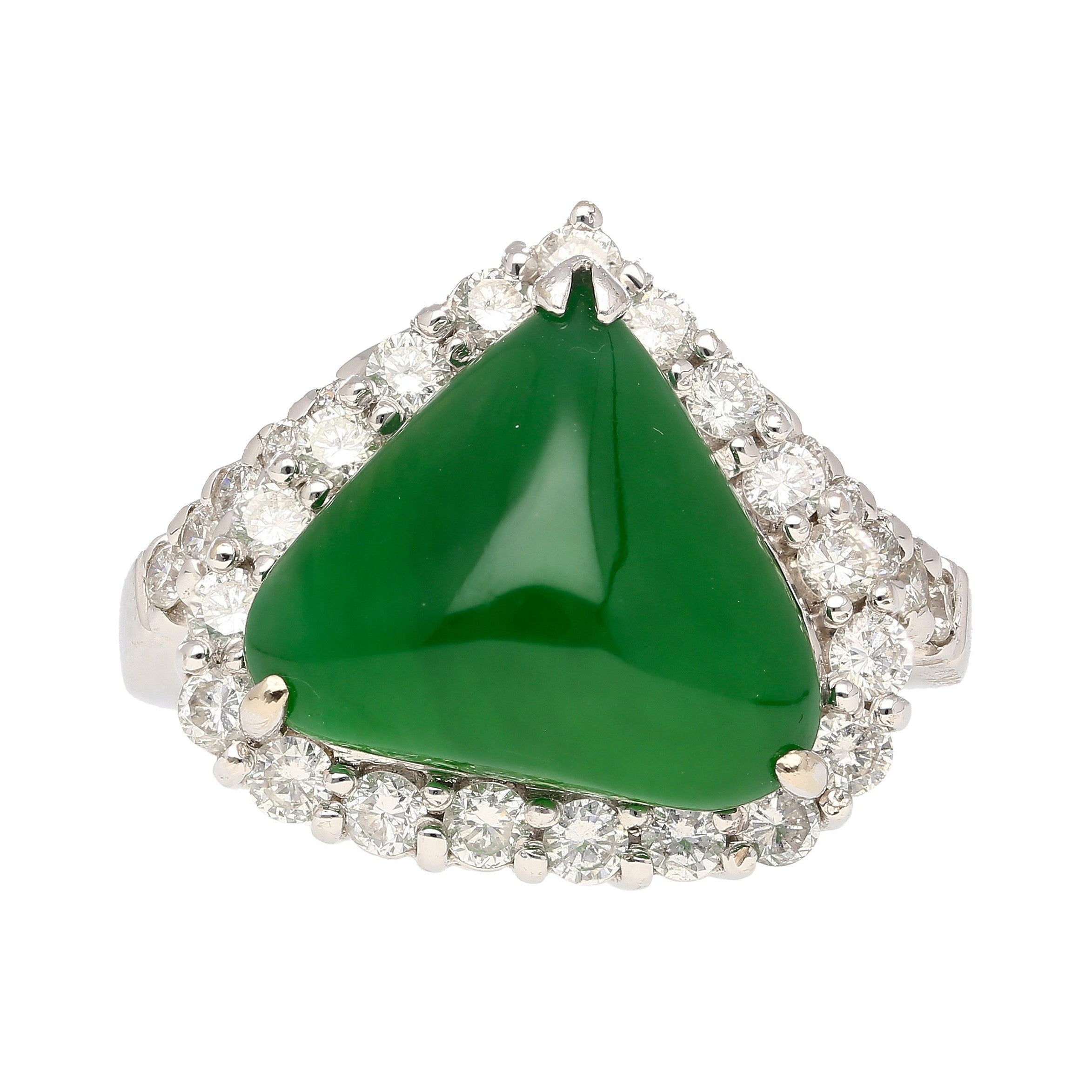 18K White Gold Type A Jadeite Jade Cabochon Cut Triangle Shape and Diamond Halo Ring-Rings-ASSAY