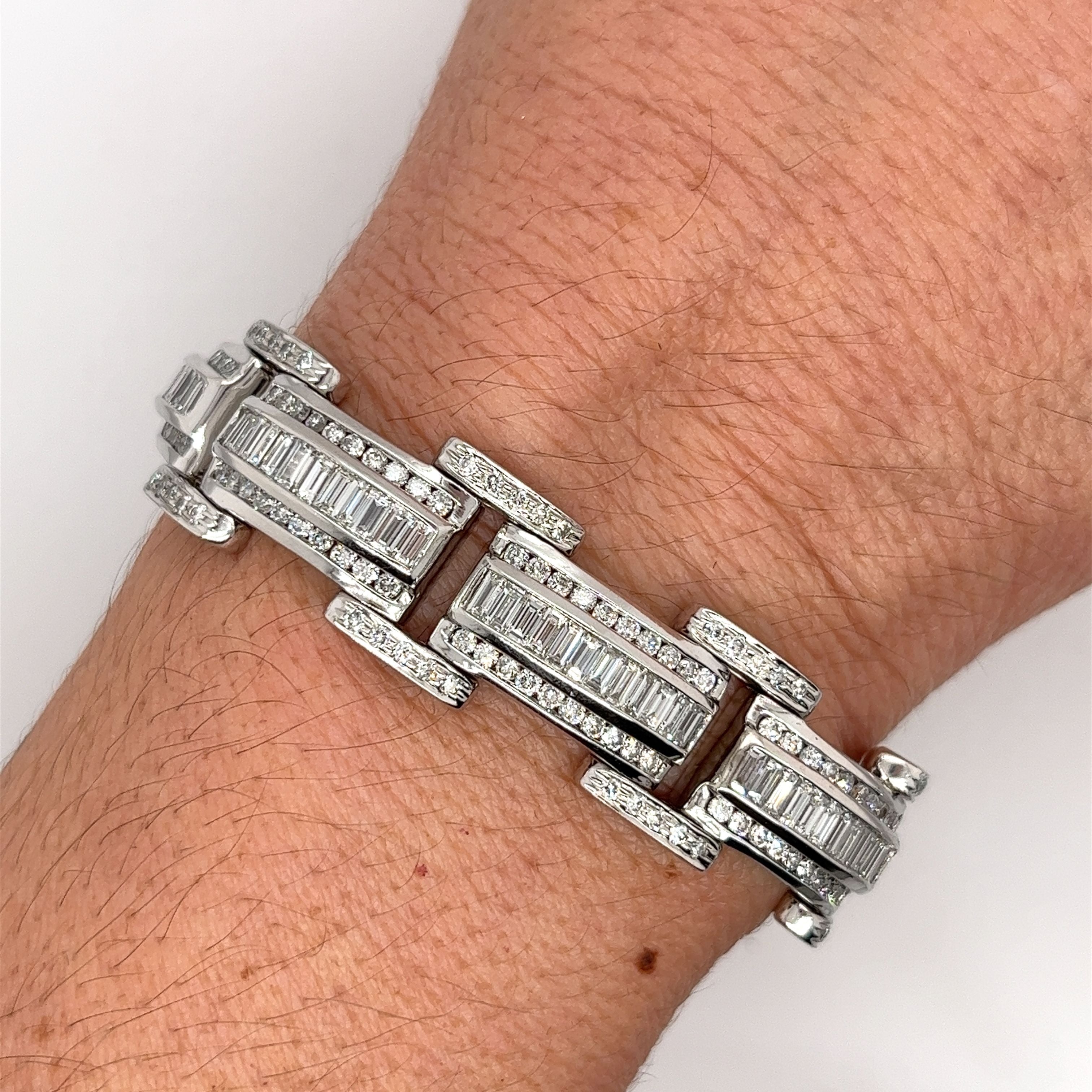 18K White Gold Unisex 12.72 CT TW Channel Set Baguette & Round Diamond Encrusted Bracelet-Bracelet-ASSAY