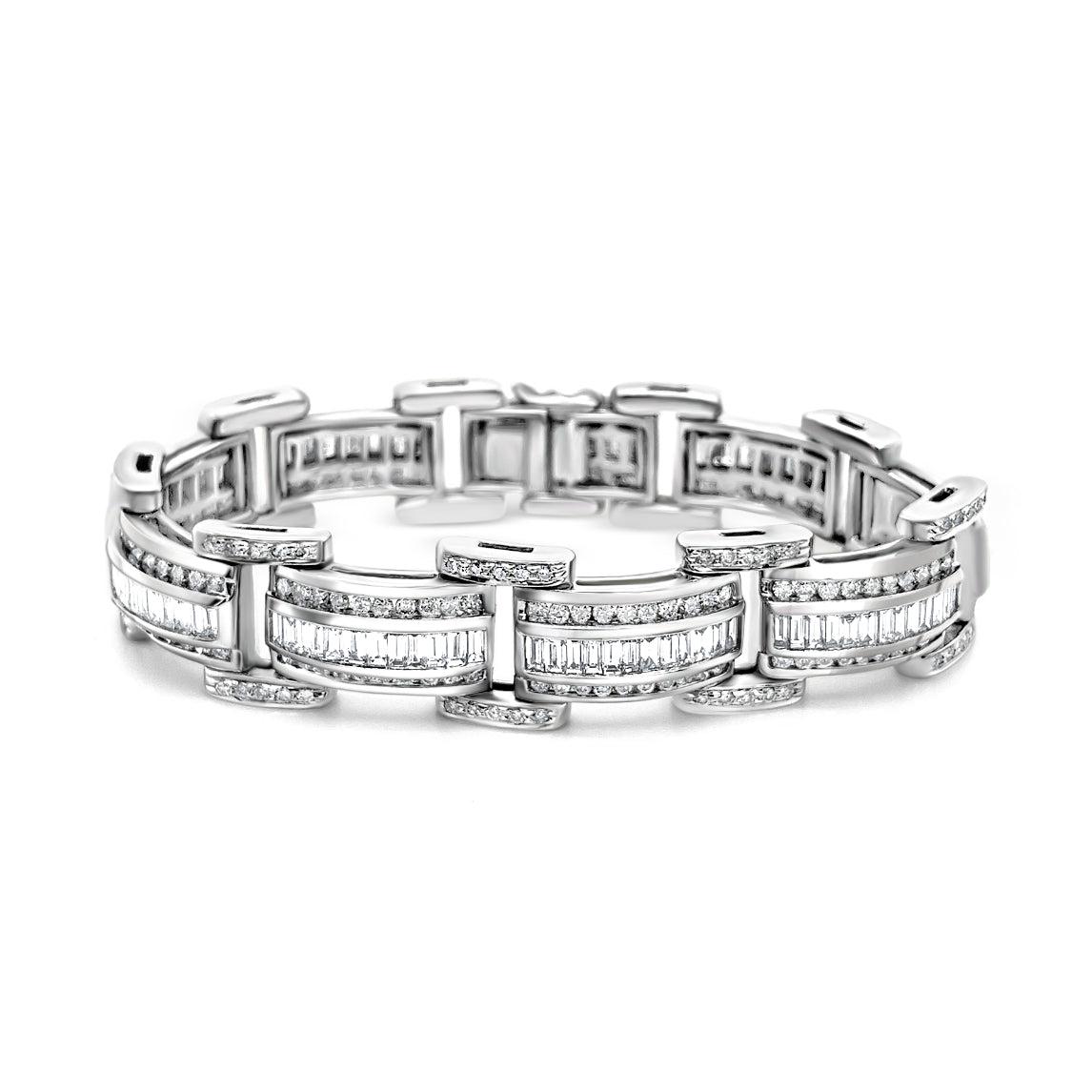 18K White Gold Unisex 12.72 CT TW Channel Set Baguette & Round Diamond Encrusted Bracelet-Bracelet-ASSAY