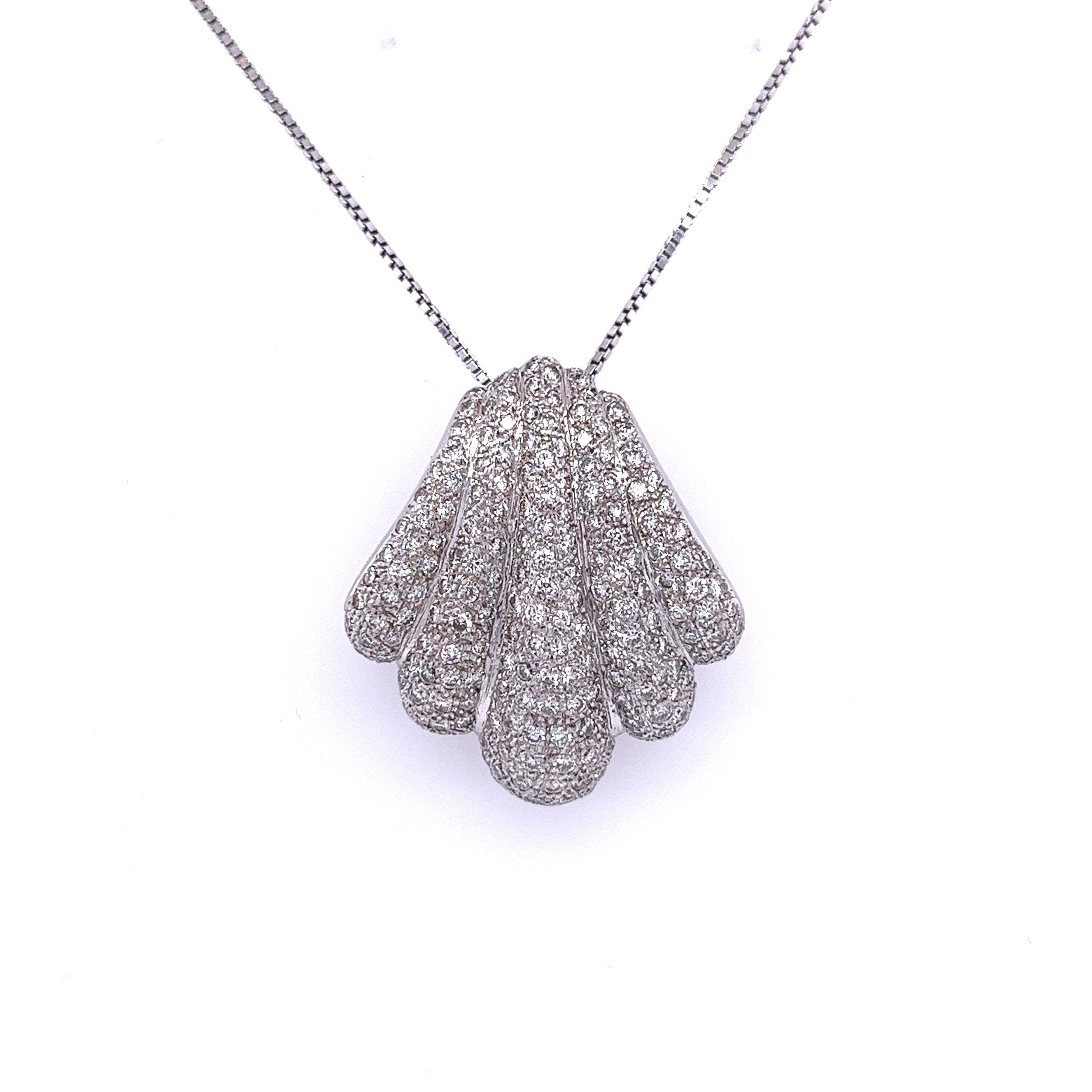 18K White Gold and Diamond Pave Sea Shell Pendant Necklace-diamond pendant-ASSAY