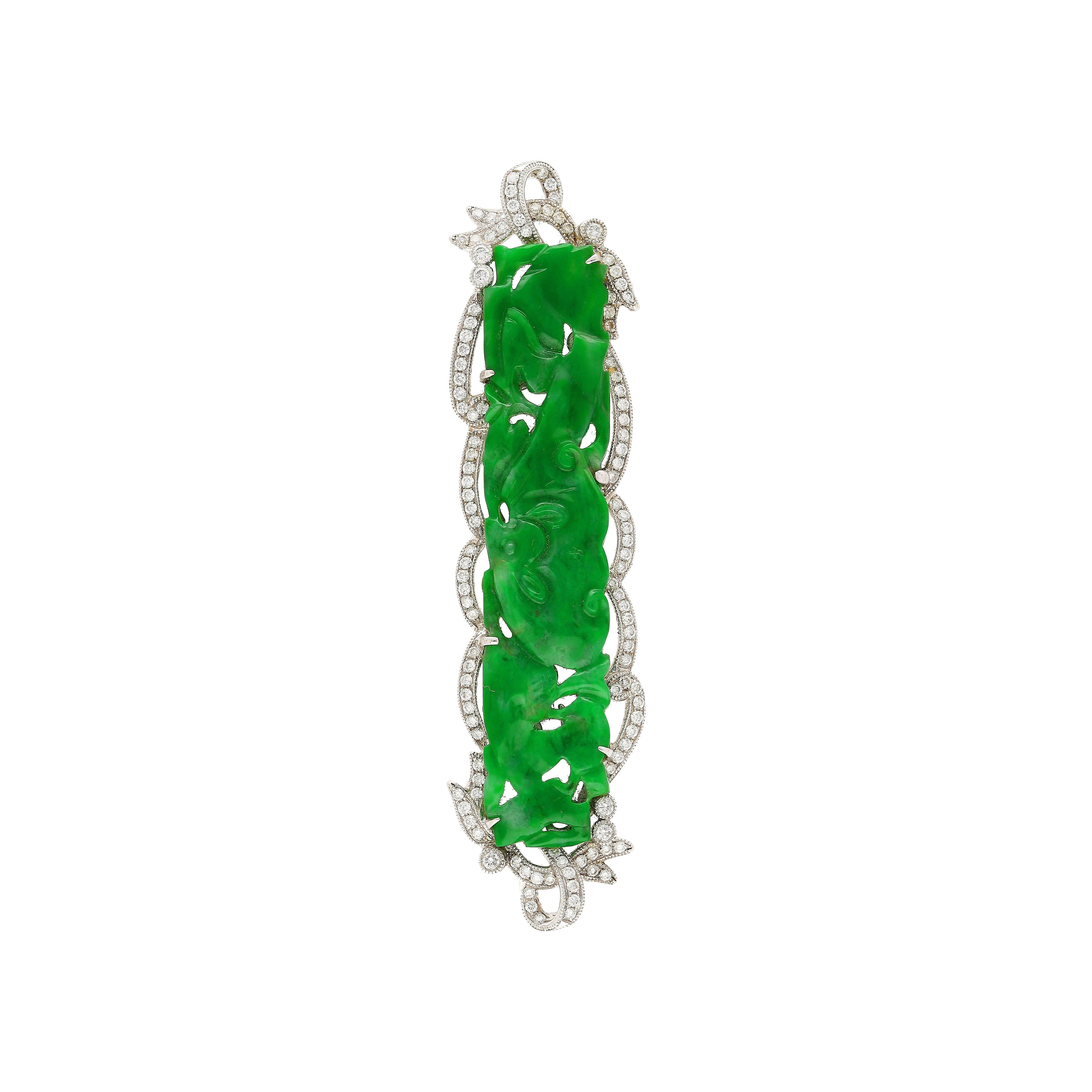 18.20 Carat Carved Dragon Green Jadeite Jade Grade "A" & Diamonds Pendant & Pin Crossover-Pendants-ASSAY