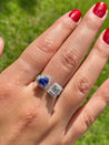 18k White gold Toi et Moi Ring with Natural Emerald cut Diamond and Heart Shape Tanzanite