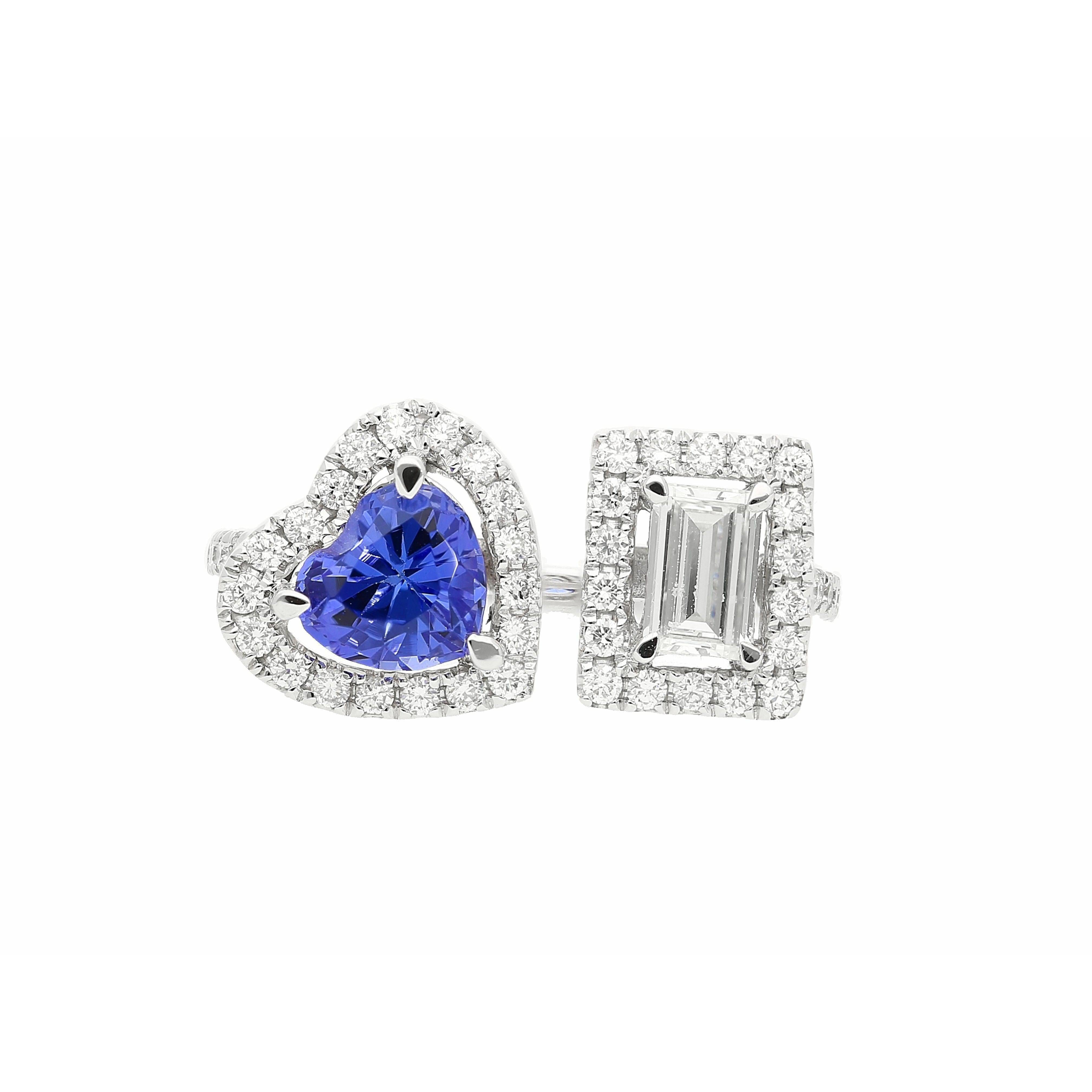 18k White gold Toi et Moi Ring with Natural Emerald cut Diamond and Heart Shape Tanzanite - ASSAY