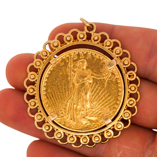 1924 Lady Liberty USA 20 Dollar Coin Bezel in 14K Yellow Gold Pendant