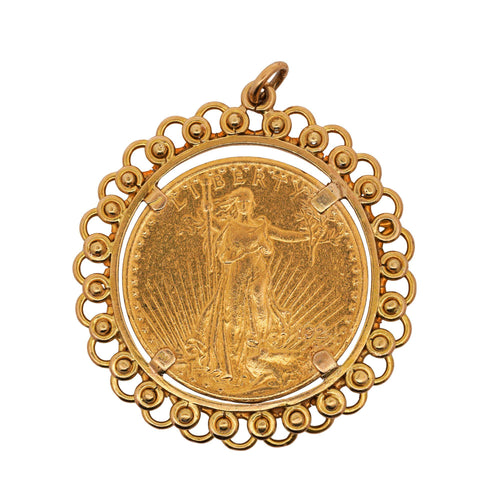 1924 Lady Liberty USA 20 Dollar Coin Bezel in 14K Yellow Gold Pendant