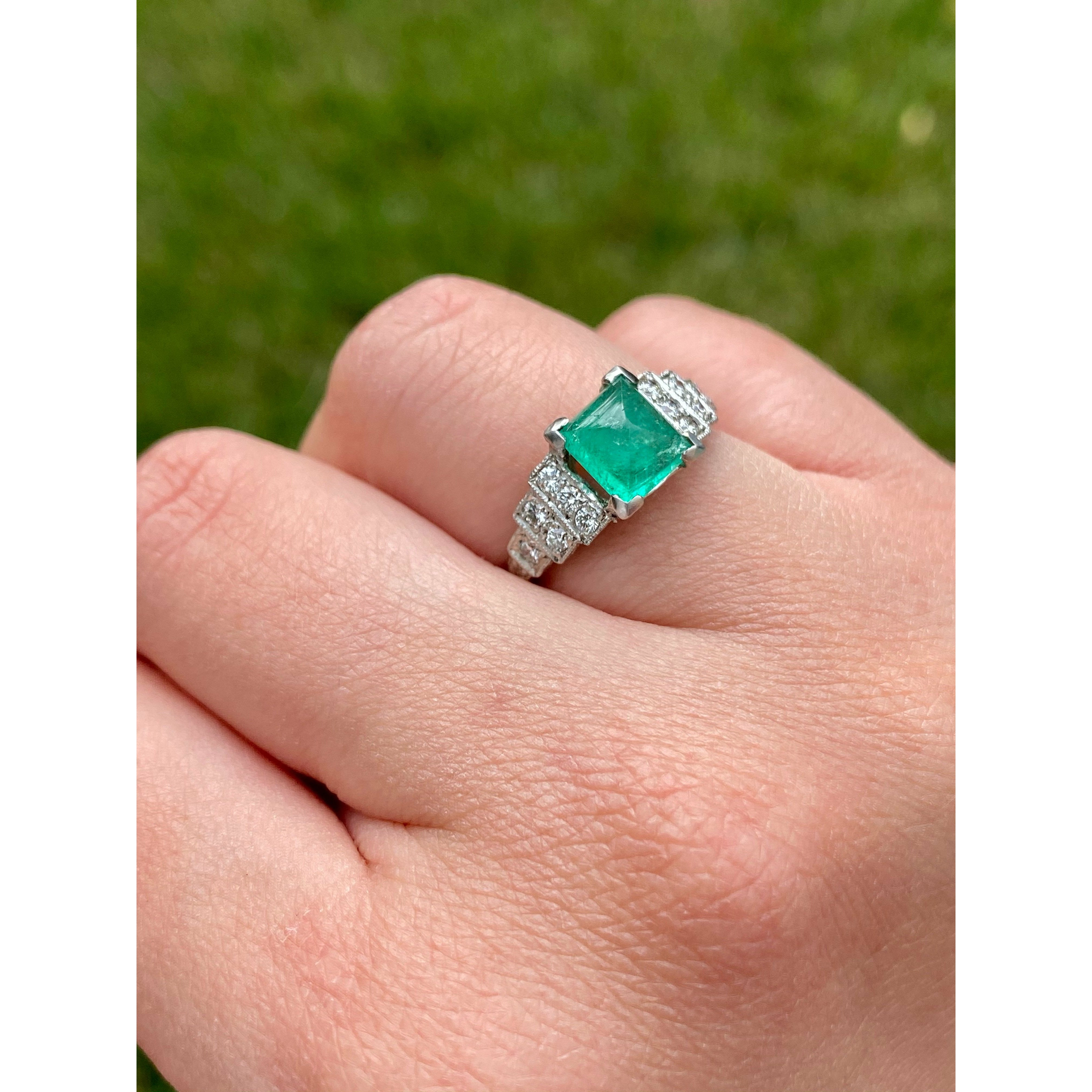 1935 Art Deco Triangle Cut Emerald in Vintage Platinum Ring - ASSAY