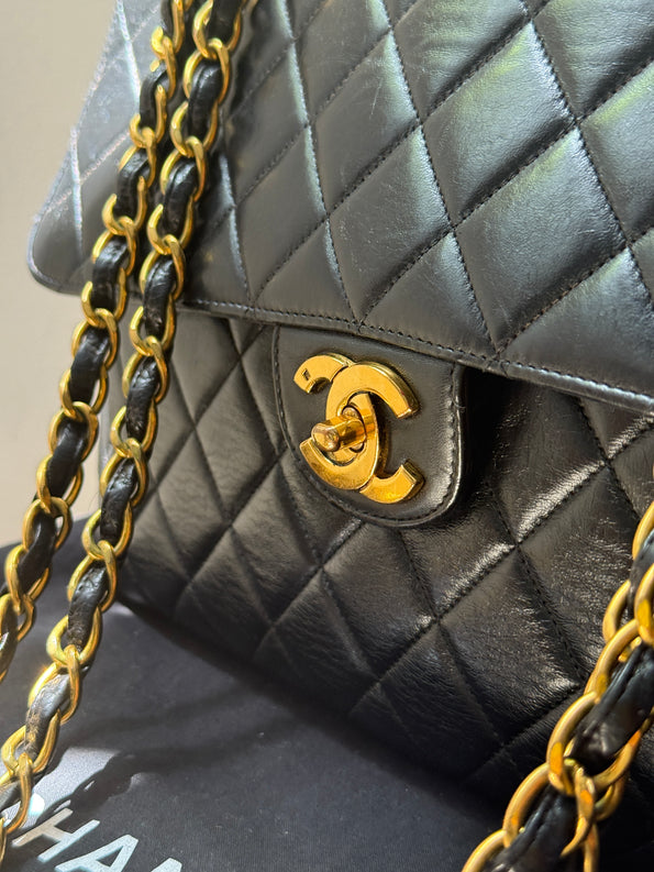 1990s Chanel Vintage Jumbo Single Flap Quilted Lambskin 24k Plated CC Logo