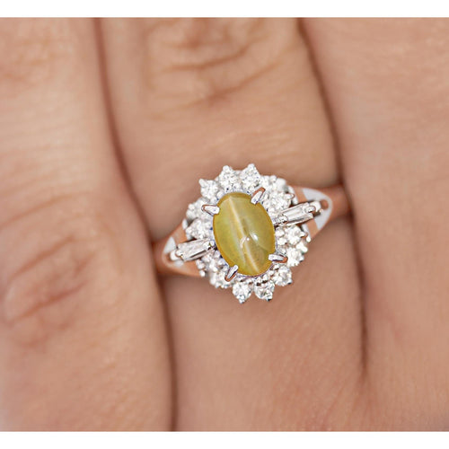 1.04 Carat Green Chrysoberyl Cat's Eye and Diamond Platinum Art Deco Style Ring