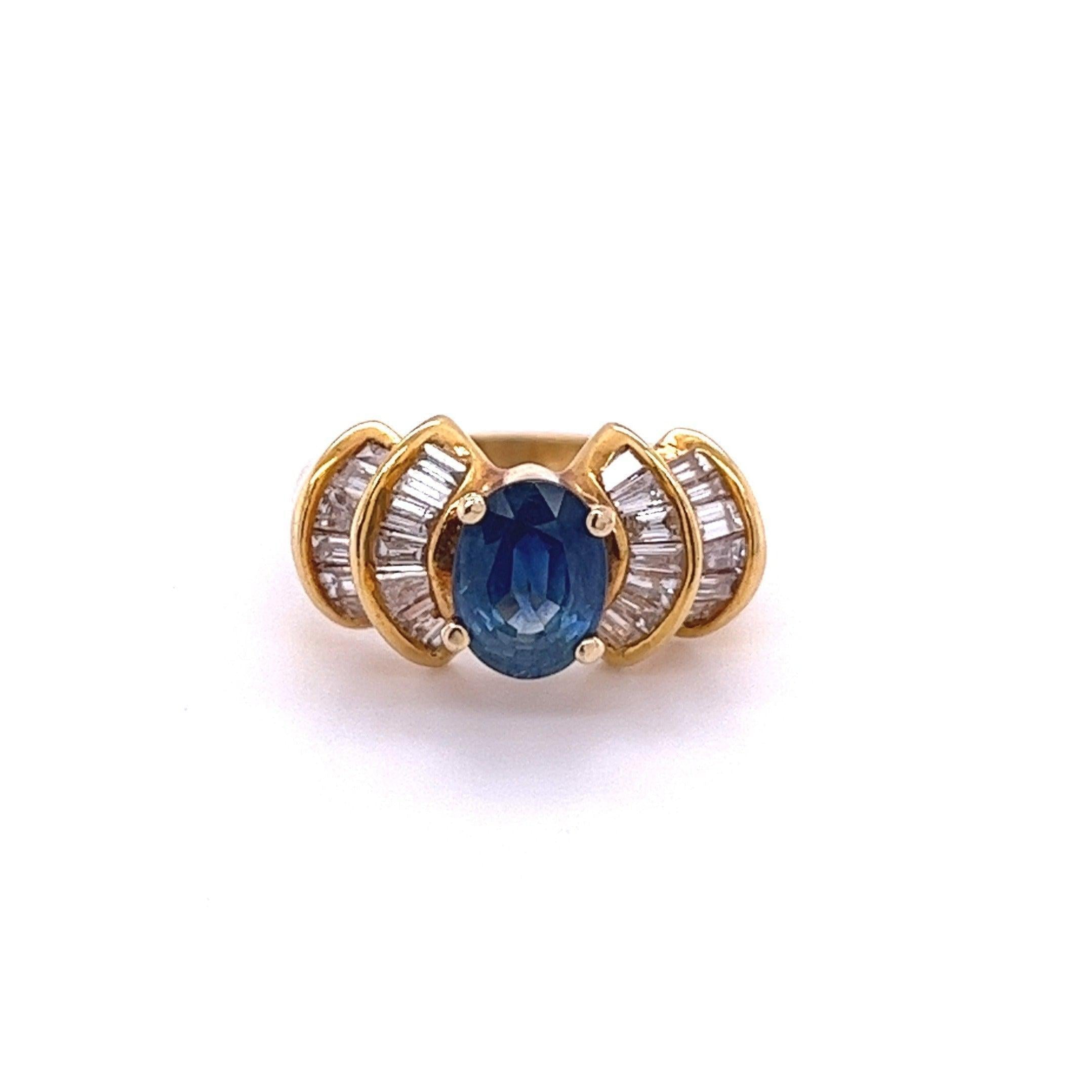 1.19 Carat Oval Cut Blue Sapphire with Baguette Cut Diamonds in 14k Gold Ring-Assay Jewelers-ASSAY