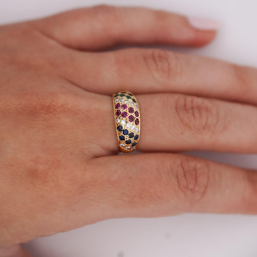 1.21 Carat Ruby Sapphire Emerald Diamond 18K Gold Multi Gem Cluster Dome Ring
