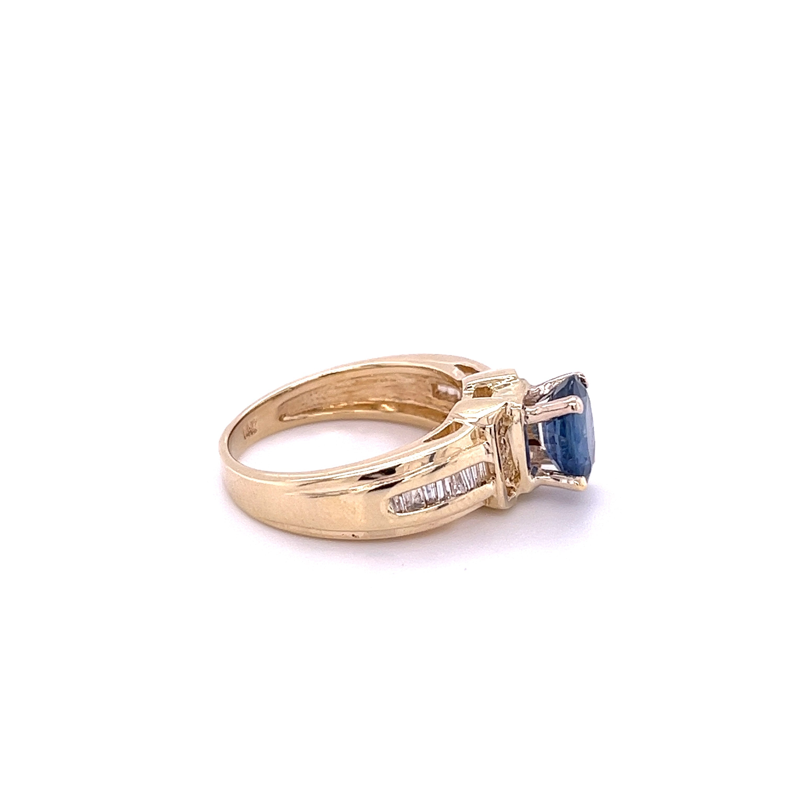 1.22 Carat Oval Cut Blue Sapphire with Baguette Cut Diamonds in 14k Gold Ring-ASSAY-ASSAY