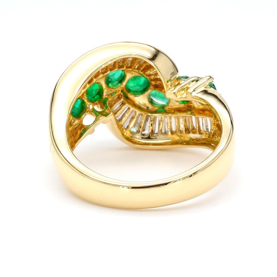 1.22 Carat Round Emerald & Baguette Cut Diamond Wave 18K Gold Band Ring