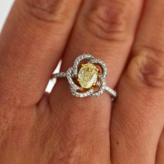 1.24 Carat Fancy Yellow Diamond Platinum & 18K Gold Swirl Floral Ring