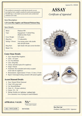 Ring بلاتين بتصميم هالة مزدوجة على طراز باليرينا مع ياقوت أزرق بيضاوي وألماس عيار 1.25 قيراط – Assay Jewelers