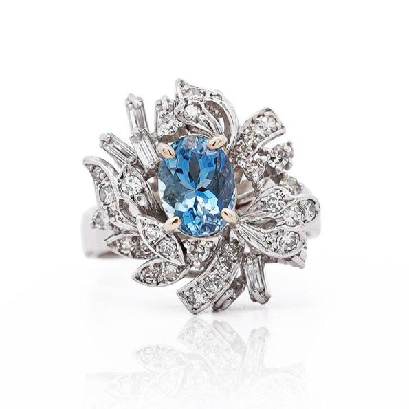 1.26 Carat Aquamarine & Diamond in 18K Yellow Gold Floral Statement Ring