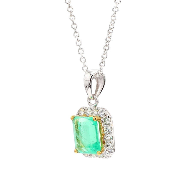 1.26 Carat Colombian Emerald Diamond Halo 18K White Gold Pendant Necklace