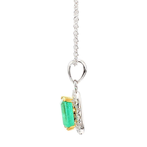 1.26 Carat Colombian Emerald Diamond Halo 18K White Gold Pendant Necklace