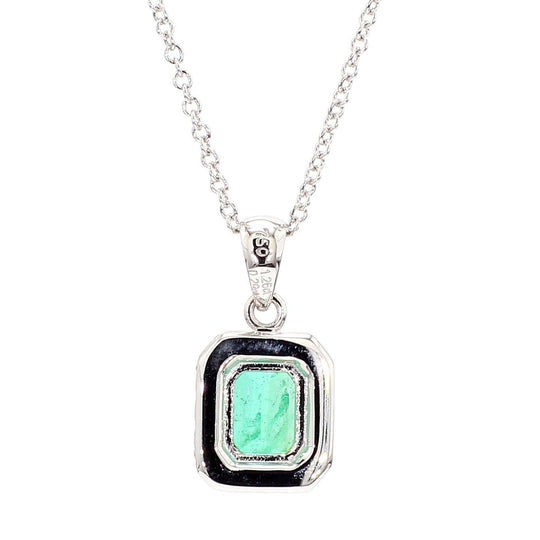 1.26 Carat Colombian Emerald Diamond Halo 18K White Gold Pendant Necklace