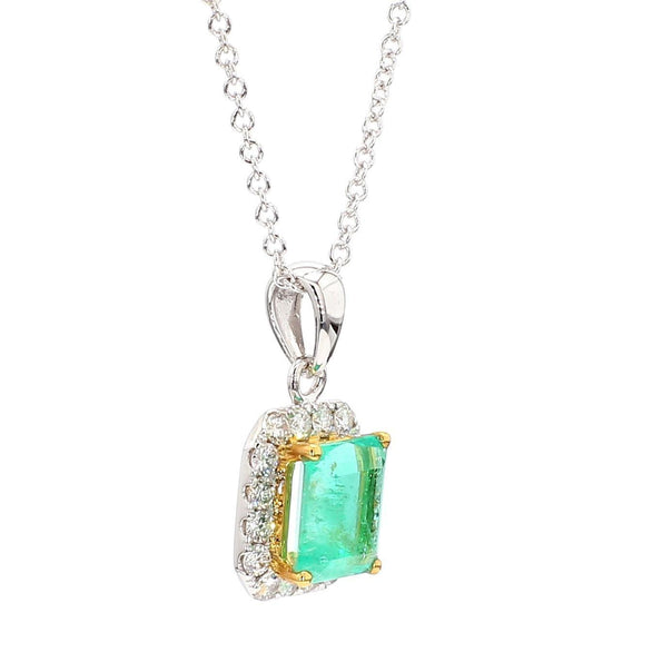 1.26 Carat Colombian Emerald Diamond Halo 18K White Gold Pendant Necklace