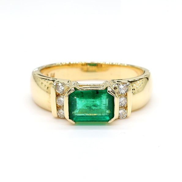 1.30 Carat Emerald Half Bezel East West Set 14K Gold Unisex Ring