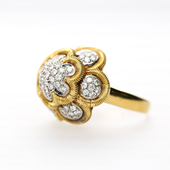 1.35 Carat Round Diamond Pave 18K Two Tone Gold Floral Dome Cocktail Ring