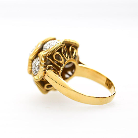 1.35 Carat Round Diamond Pave 18K Two Tone Gold Floral Dome Cocktail Ring